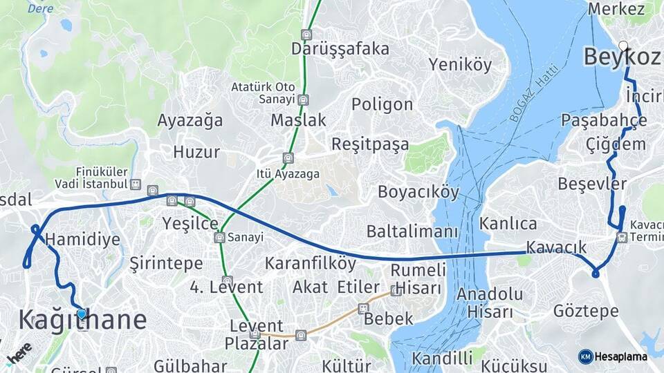 İstanbul Kağıthane Beykoz Arası Kaç Km - Yol Haritası