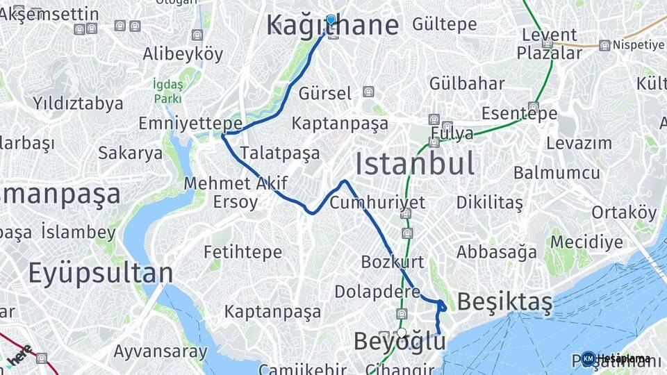 İstanbul Kağıthane Beyoğlu Arası Kaç Km - Yol Haritası