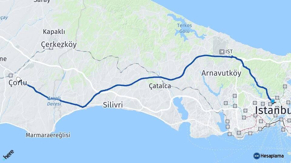 İstanbul Kağıthane Çorlu Tekirdağ Arası Kaç Km - Yol Haritası