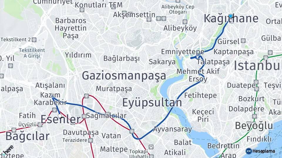 İstanbul Kağıthane Esenler Arası Kaç Km - Yol Haritası