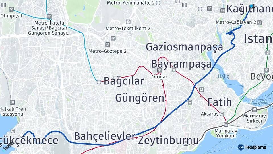 İstanbul Kağıthane Küçükçekmece Arası Kaç Km - Yol Haritası