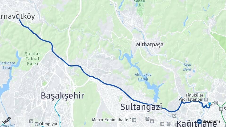 İstanbul Kağıthane Seyrantepe Arnavutköy Arası Kaç Km - Yol Haritası