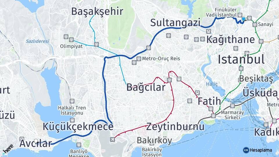İstanbul Kağıthane Seyrantepe Avcılar Arası Kaç Km - Yol Haritası