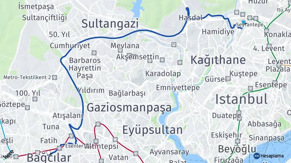 İstanbul Kağıthane Seyrantepe Bağcılar Arası Kaç Km - Yol Haritası