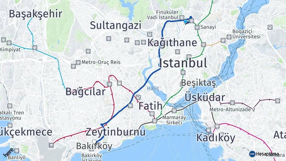 İstanbul Kağıthane Seyrantepe Bakırköy Arası Kaç Km - Yol Haritası