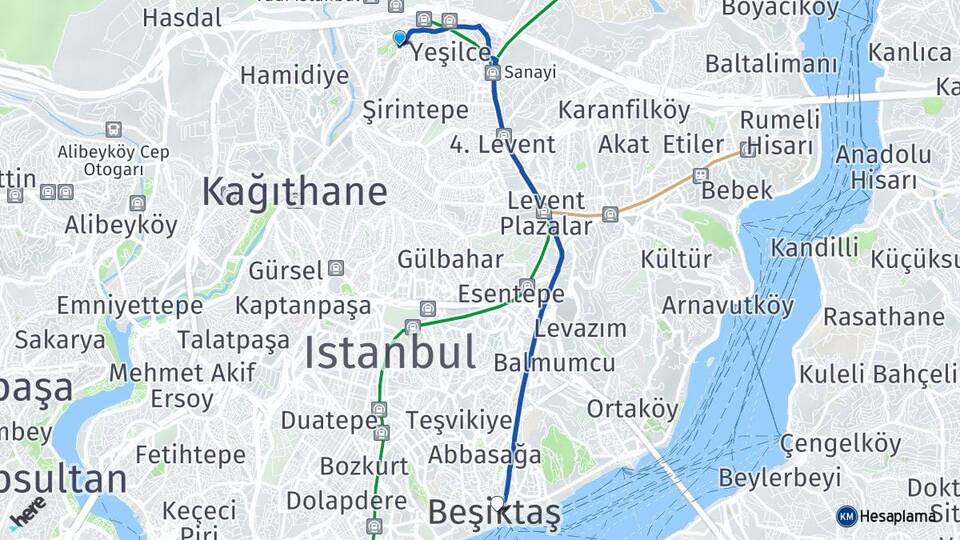İstanbul Kağıthane Seyrantepe Beşiktaş Arası Kaç Km - Yol Haritası