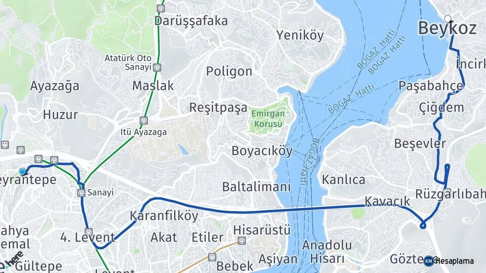 İstanbul Kağıthane Seyrantepe Beykoz Arası Kaç Km - Yol Haritası