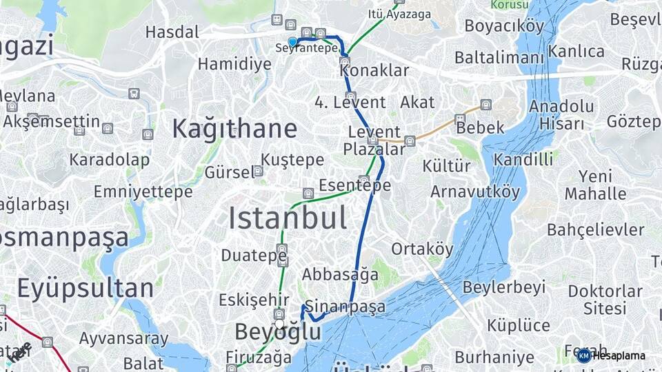 İstanbul Kağıthane Seyrantepe Beyoğlu Arası Kaç Km - Yol Haritası