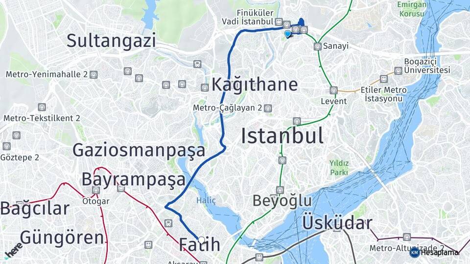 İstanbul Kağıthane Seyrantepe Fatih Arası Kaç Km - Yol Haritası