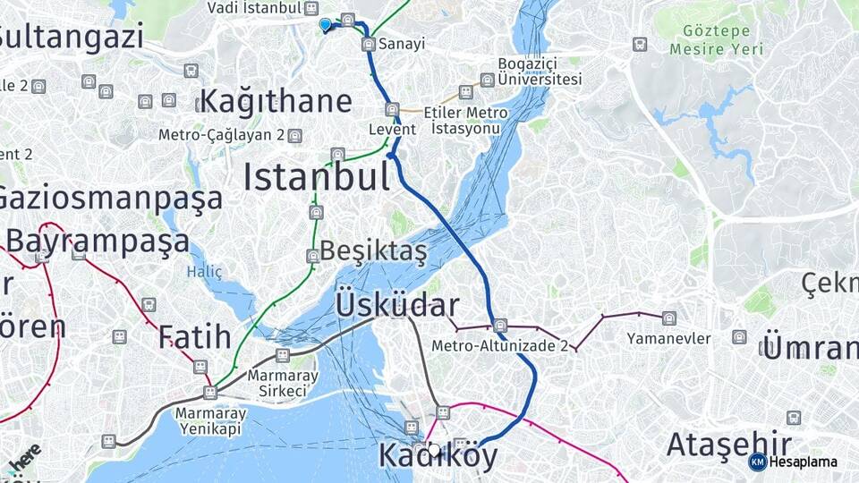 İstanbul Kağıthane Seyrantepe Kadıköy Arası Kaç Km - Yol Haritası