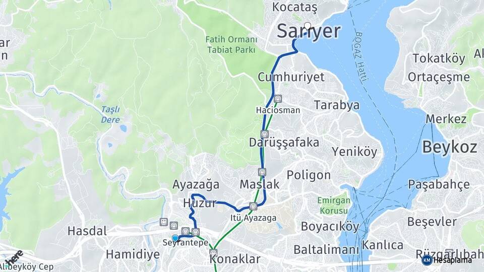 İstanbul Kağıthane Seyrantepe Sarıyer Arası Kaç Km - Yol Haritası