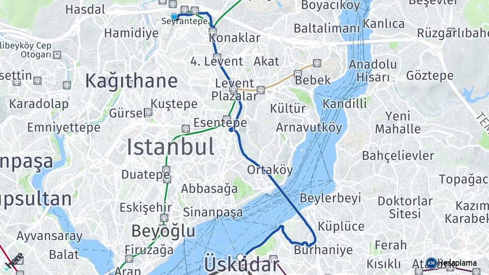 İstanbul Kağıthane Seyrantepe Üsküdar Arası Kaç Km - Yol Haritası