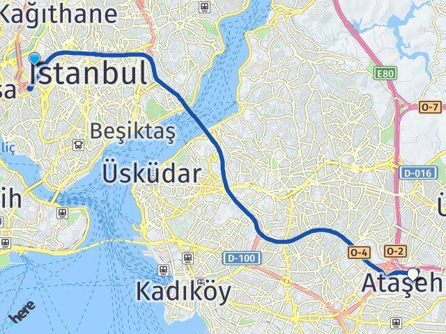 İstanbul Kağıthane Talatpaşa Ataşehir Arası Kaç Km - Yol Haritası