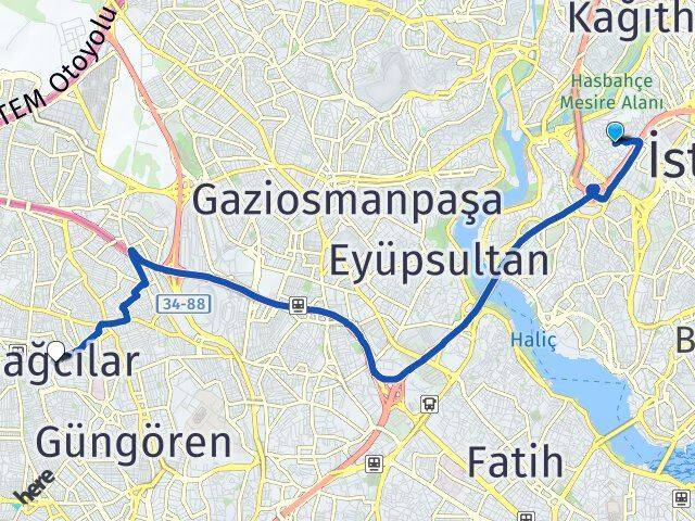 İstanbul Kağıthane Talatpaşa Bağcılar Arası Kaç Km - Yol Haritası