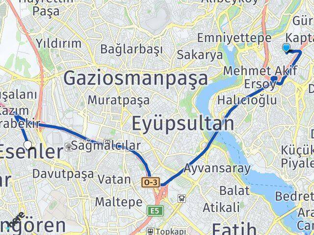İstanbul Kağıthane Talatpaşa Esenler Arası Kaç Km - Yol Haritası