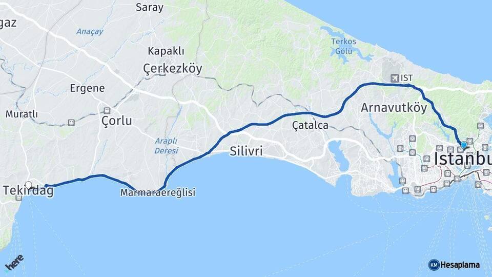 İstanbul Kağıthane Tekirdağ Arası Kaç Km - Yol Haritası