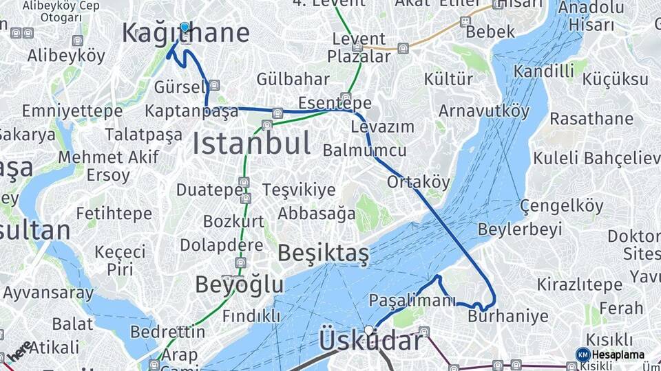 İstanbul Kağıthane Üsküdar Arası Kaç Km - Yol Haritası