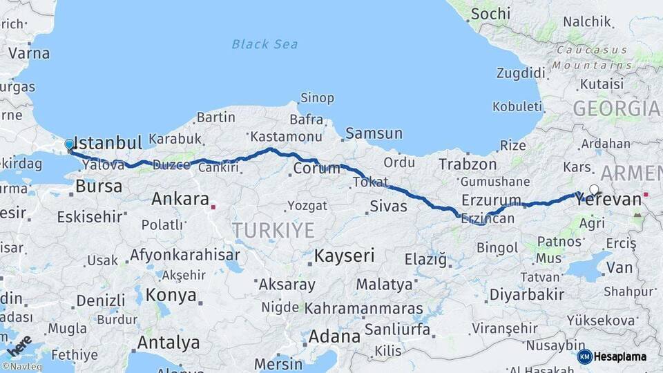 İstanbul Kağızman Kars Arası Kaç Km - Yol Haritası