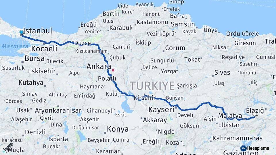 İstanbul Kale Malatya Arası Kaç Km - Yol Haritası