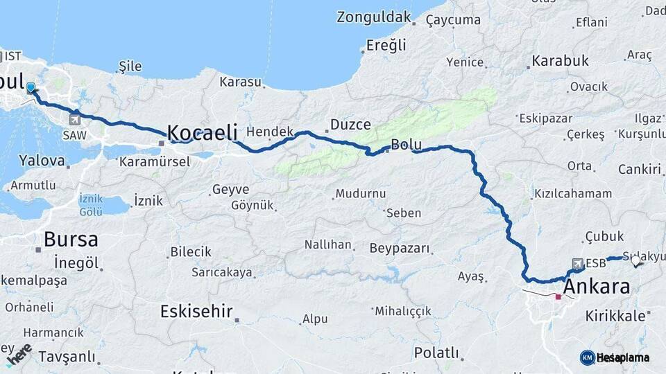 İstanbul Kalecik Ankara Arası Kaç Km - Yol Haritası