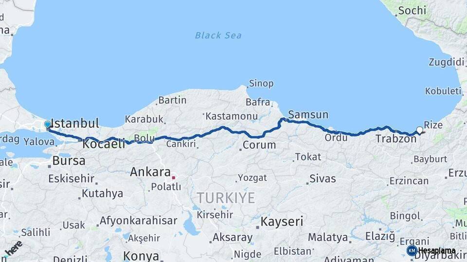 İstanbul Kalkandere Rize Arası Kaç Km - Yol Haritası