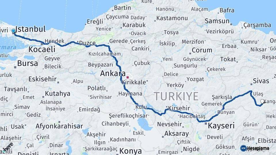 İstanbul Kangal Sivas Arası Kaç Km - Yol Haritası