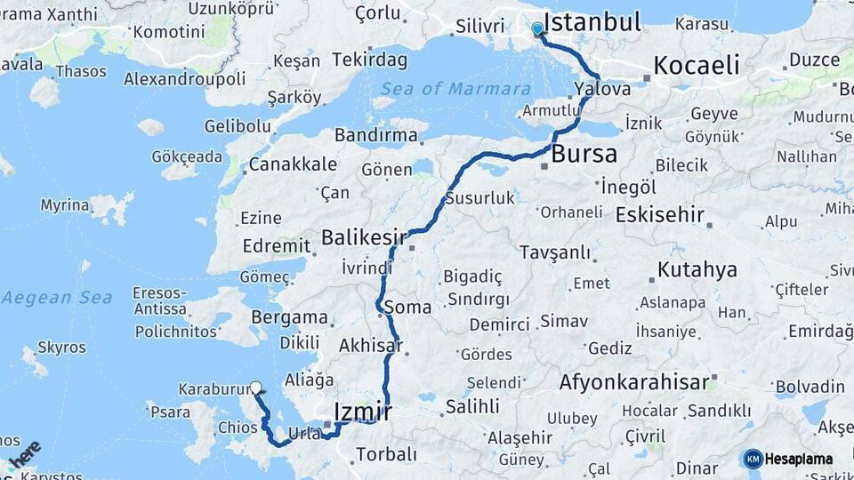 İstanbul Karaburun İzmir Arası Kaç Km - Yol Haritası