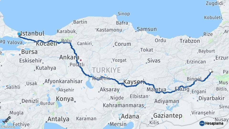 İstanbul Karlıova Bingöl Arası Kaç Km - Yol Haritası