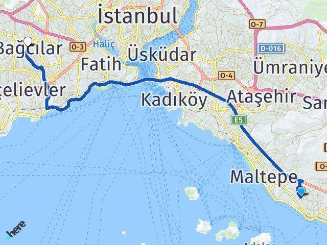 İstanbul Kartal Atalar Bağcılar Arası Kaç Km - Yol Haritası