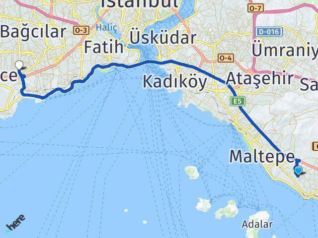 İstanbul Kartal Atalar Bahçelievler Arası Kaç Km - Yol Haritası