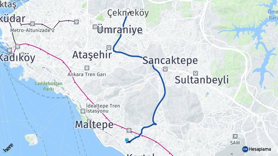 İstanbul Kartal Atalar Çekmeköy Arası Kaç Km - Yol Haritası