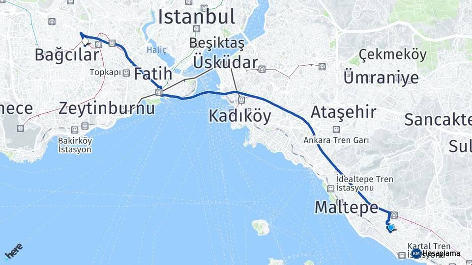 İstanbul Kartal Atalar Esenler Arası Kaç Km - Yol Haritası