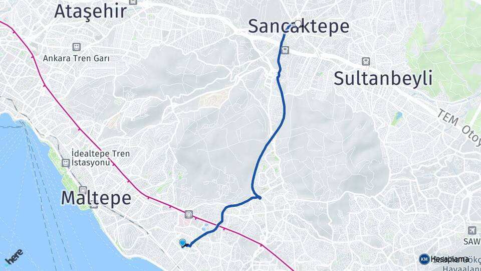 İstanbul Kartal Atalar Sancaktepe Arası Kaç Km - Yol Haritası