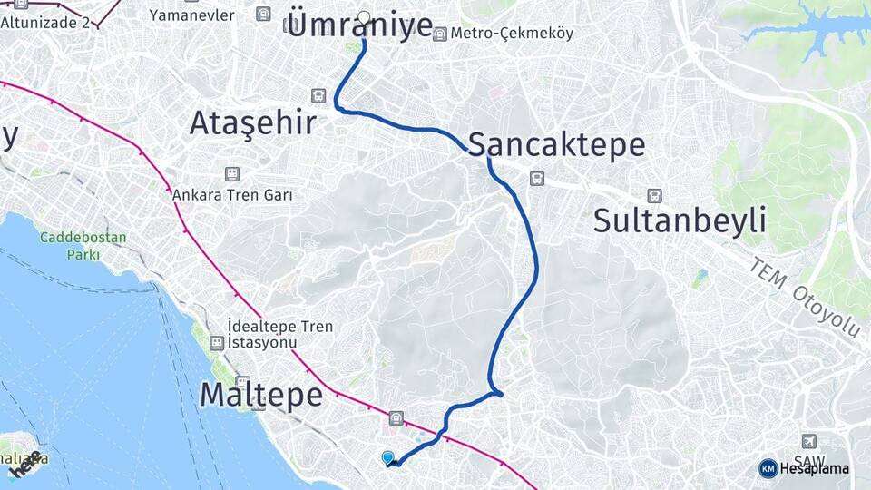 İstanbul Kartal Atalar Ümraniye Arası Kaç Km - Yol Haritası