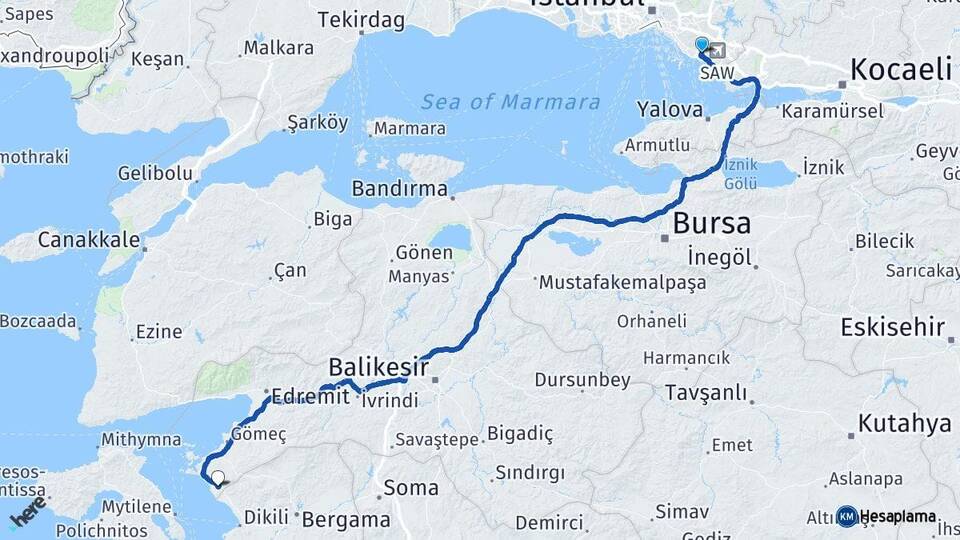 İstanbul Kartal Hürriyet Altınova Ayvalık Balıkesir Arası Kaç Km - Yol Haritası