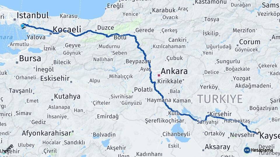 İstanbul Kartal Kayseri Arası Kaç Km - Yol Haritası