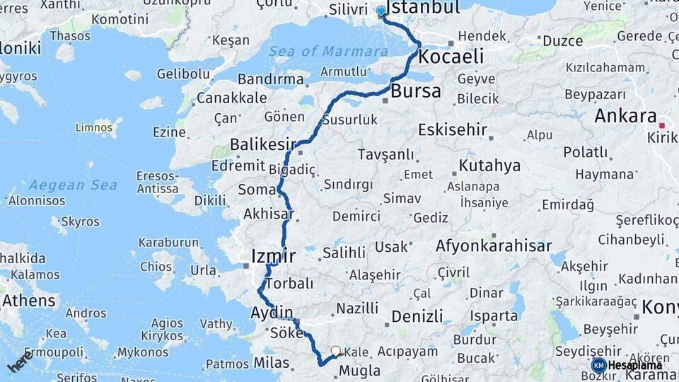 İstanbul Kavaklıdere Muğla Arası Kaç Km - Yol Haritası