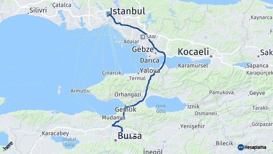 İstanbul Kestel Bursa Arası Kaç Km - Yol Haritası