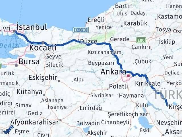 istanbul kirsehir arasi kac km kac saat yol tarifi
