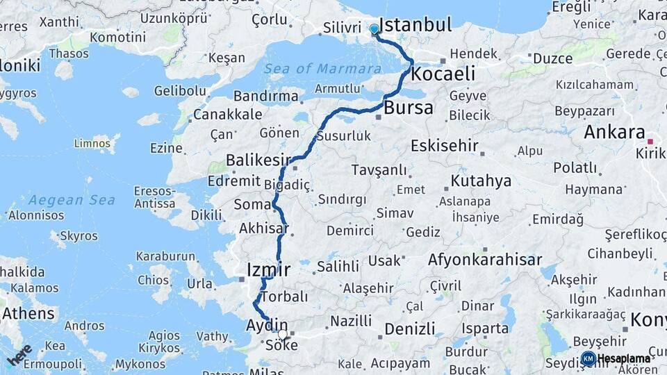 İstanbul Koçarlı Aydın Arası Kaç Km - Yol Haritası