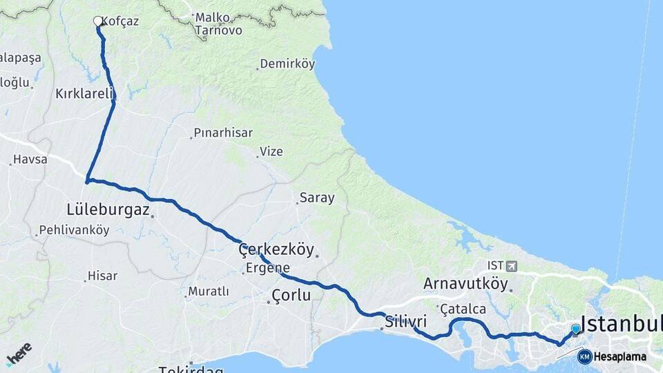 İstanbul Kofçaz Kırklareli Arası Kaç Km - Yol Haritası