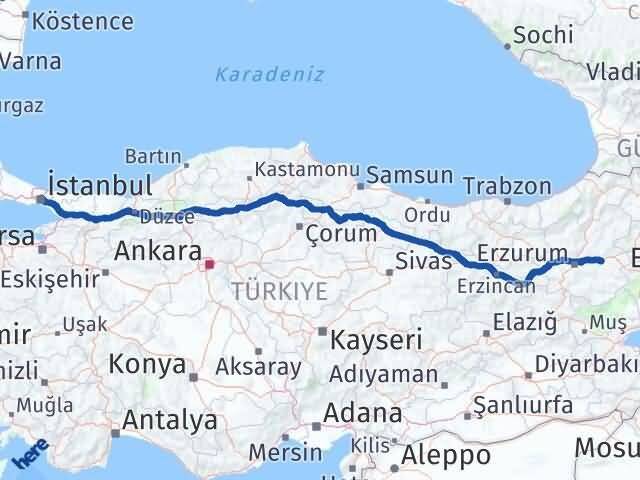 İstanbul Köprüköy Erzurum Arası Kaç Km - Yol Haritası