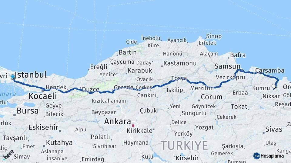 İstanbul Korgan Ordu Arası Kaç Km - Yol Haritası