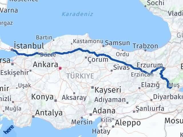 İstanbul Korkut Muş Arası Kaç Km - Yol Haritası