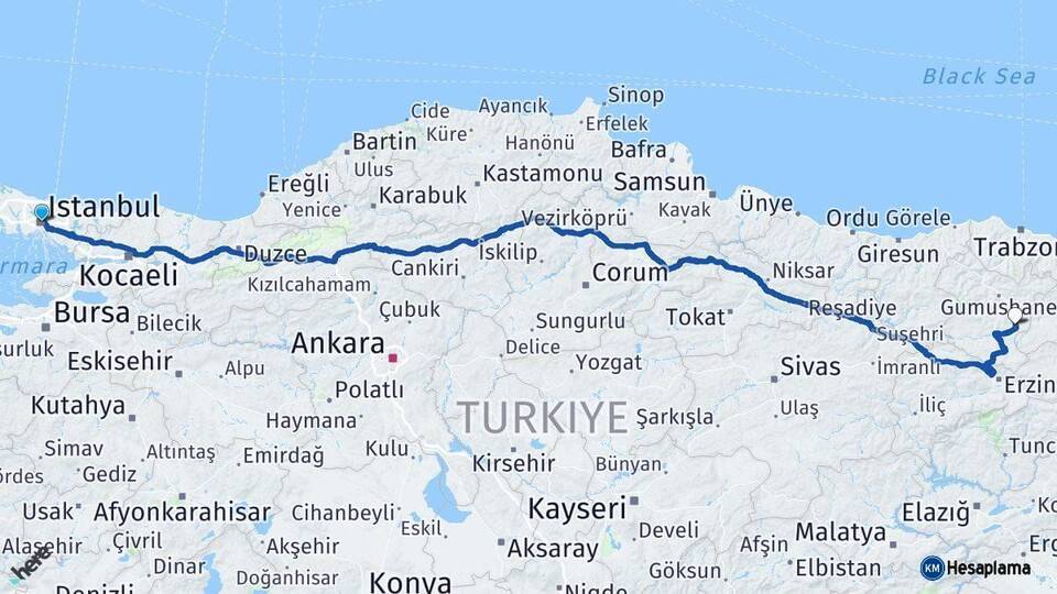 İstanbul Köse Gümüşhane Arası Kaç Km - Yol Haritası