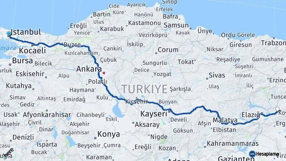 İstanbul Kovancılar Elazığ Arası Kaç Km - Yol Haritası