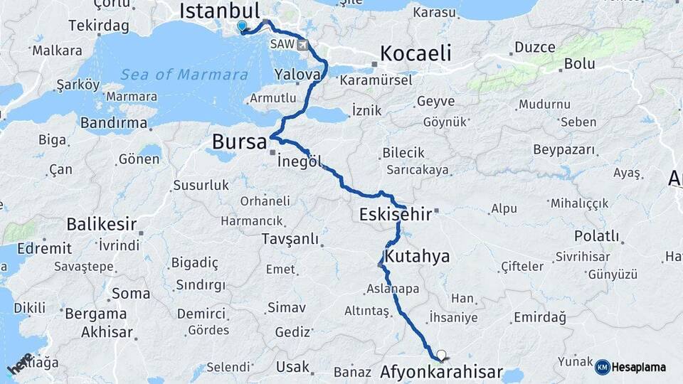 İstanbul Küçükçekmece Afyonkarahisar Arası Kaç Km - Yol Haritası