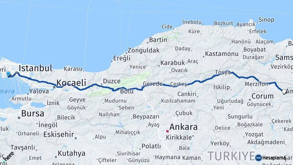 İstanbul Küçükçekmece Amasya Arası Kaç Km - Yol Haritası