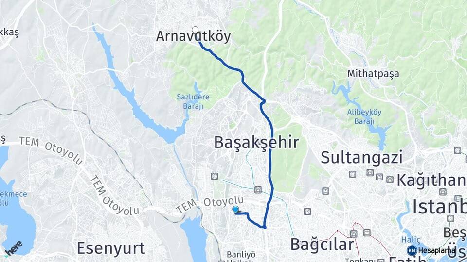 İstanbul Küçükçekmece Atakent Arnavutköy Arası Kaç Km - Yol Haritası