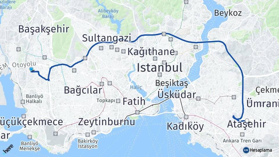 İstanbul Küçükçekmece Atakent Ataşehir Arası Kaç Km - Yol Haritası